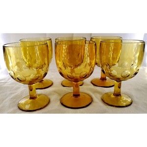6 Bartlett Collins Amber Gold Glass Thumbprint Goblet Vintage